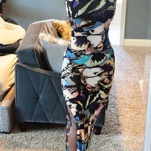 Multicolored maxi dress with side slit.